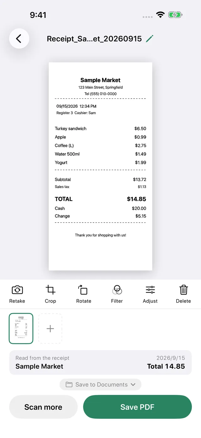 A scanned receipt with the store name and total read from it