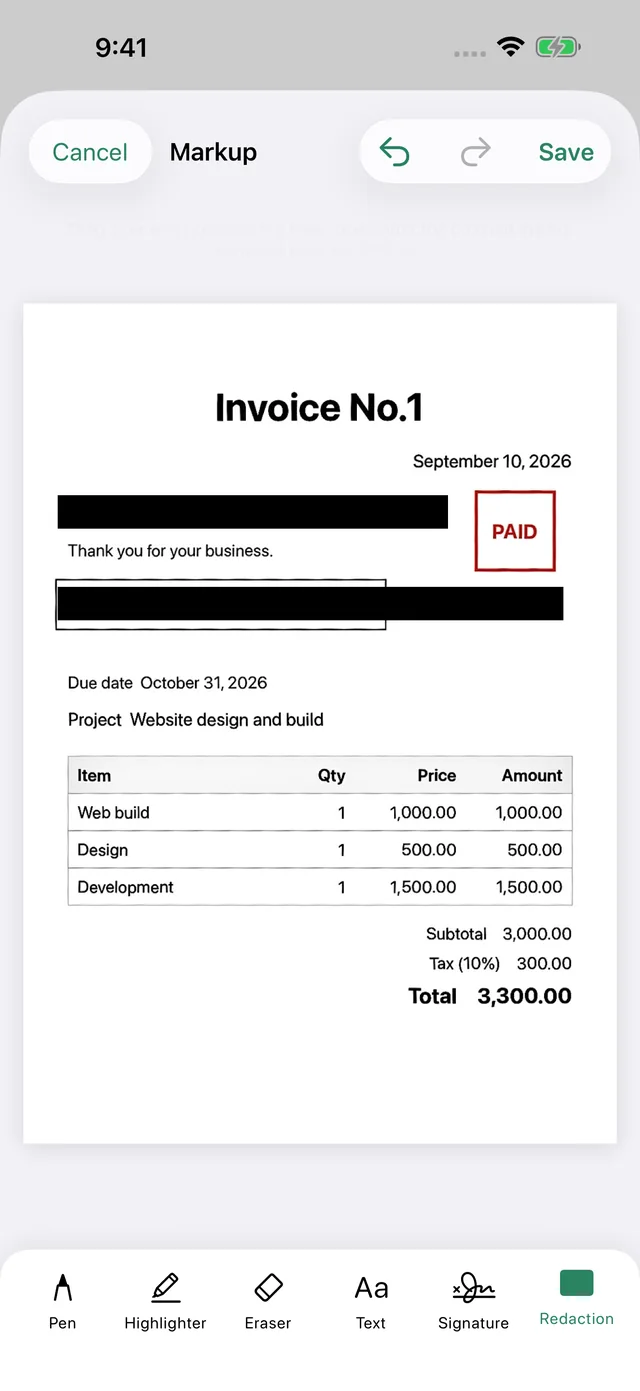 An invoice with its amount and recipient blacked out