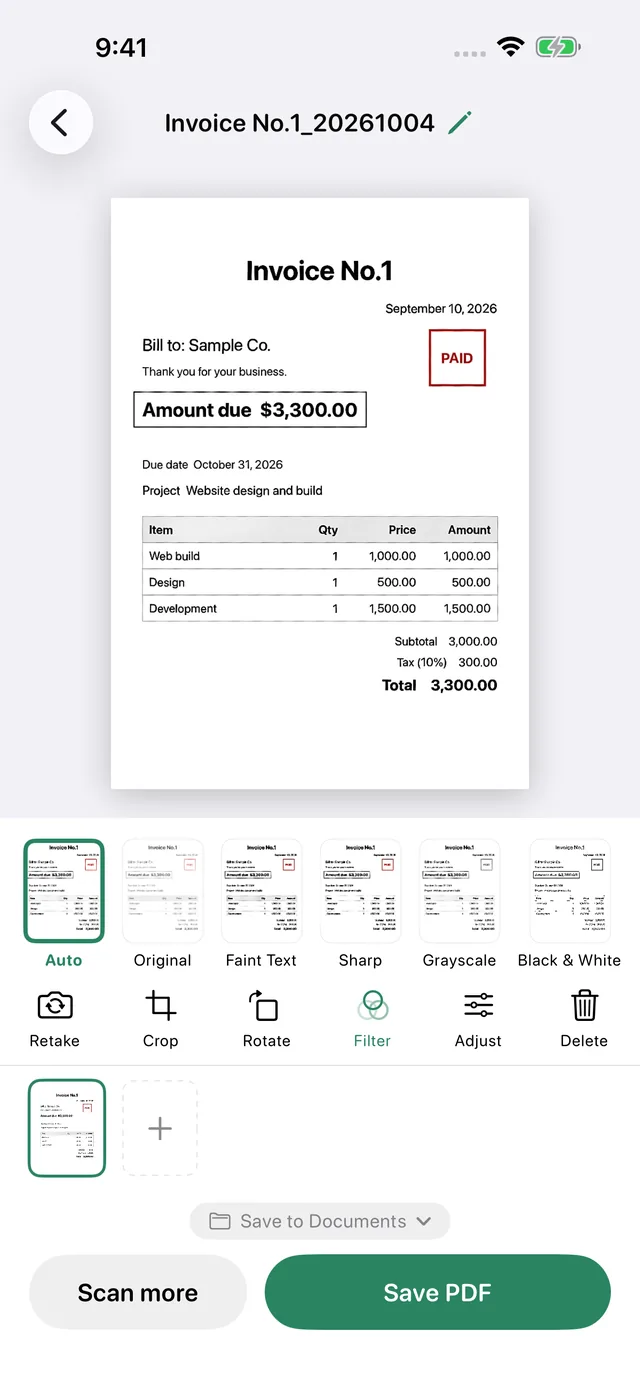 The review screen with a row of filter previews